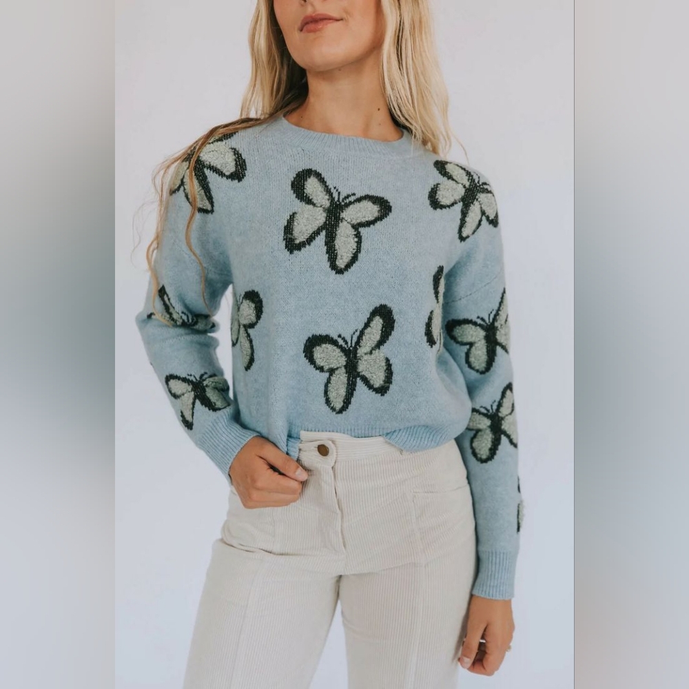Comfy Baby Blue Butterfly Pullover Sweater